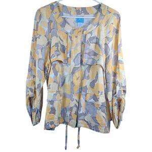 Lark Lane Jacket Size 18 Yellow Gray Floral Linen Blend Roll Tab 3/4 Sleeve